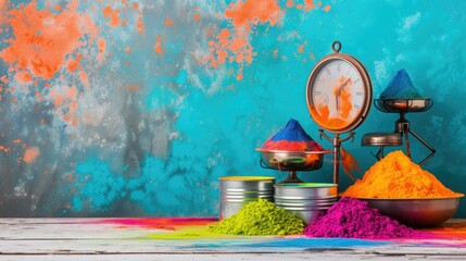 During Holi Festival Concept with Colorful Powder with Weighing, - obrazy, fototapety, plakaty