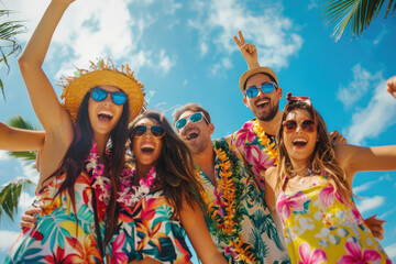 Group of friends having Hawaiian party on summer vacation. People fun travel concept