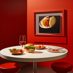 A photo of a table with a burger, salad and a glass of wine in front of a picture of pasta.