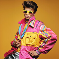 Obraz premium Fashionable portrait of a stylish guy. Disco party, back in 80s concept.
