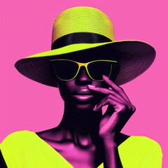 Fashion african woman in pink light. Stylish hat and sunglasses
