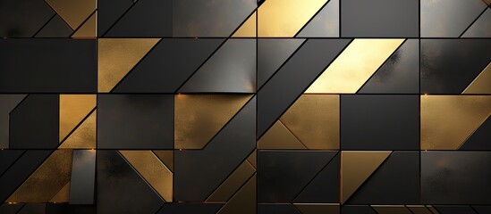 A black and gold geometric pattern adorns the wall of the building, adding a touch of sophistication to the facade. The intricate design creates symmetry and visual interest