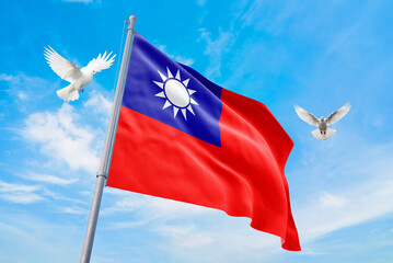 Waving flag of Taiwan in beautiful sky and flying pigeons. Taiwan flag for independence day. The symbol of the state on wavy fabric.