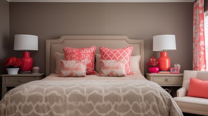 Taupe and Coral Add warmth and depth to your bedroom with taupe walls and coral-colored furnishings.