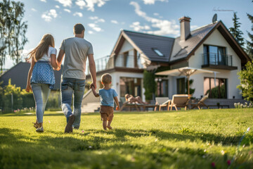 happy family playing on the lawn in front of their house  - obrazy, fototapety, plakaty