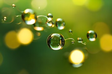 Slow motion of the abstract air bubbles on sunny yellow green sunny nature bokeh background. Generative AI - obrazy, fototapety, plakaty