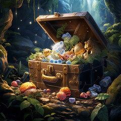 Open treasure chest overflowing with colorful objects in a lush forest.
