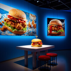 Large burgers displayed on a blue backdrop, highlighting fast food.
