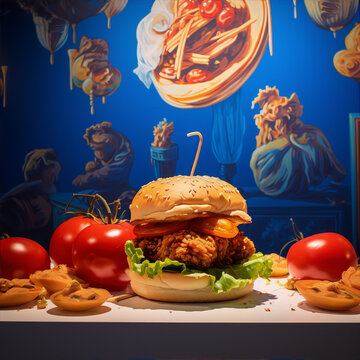 Photo of a fast food hamburger with tomatoes and lettuce on a blue background with Renaissance-style painting elements.