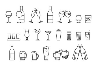 Glass cup for alcohol drink, clink celebration toast, line empty icon set. Beverage, cocktail in beer mug, wineglass, cup, other drink glassware. Outline of glass utensil, editable stroke. Vector - obrazy, fototapety, plakaty