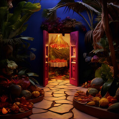 Tropical garden room, open doorway, vibrant colors, lush setting.
