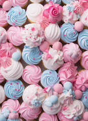 Cupcakes with pink, blue and white frosting in a close up view from the top in the art style of surrealism.