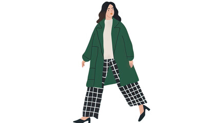 A woman walks in a green coat and checkered pants on a white background. Minimalistic illustration
