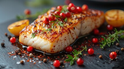 closeup shot of dish featuring salmon and pomegranate seeds as garnish, a delicious and colorful...
