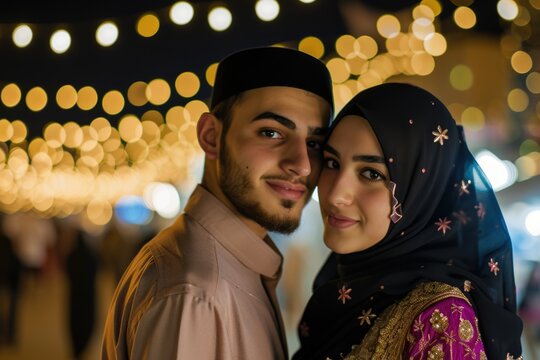 During Eid Mubarak Muslim Couple Photo in Traditional Outfit, Smiling and Posing for a Picture.. Fictional character created by Generated AI. 