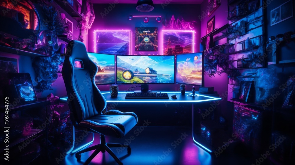 Poster an esports video game studio with a comfortable armchair, a computer, and a neon-colored keyboard. a