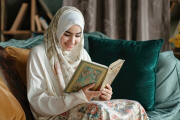 A Muslim woman in a white burka engrossed in reading a book.. Fictional character created by Generated AI. 