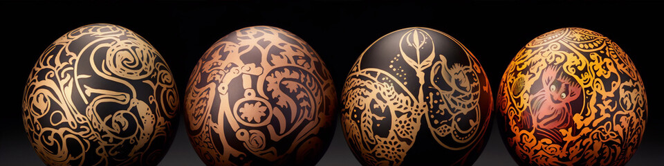 Black and gold intricate pattern design on ostrich eggs. - obrazy, fototapety, plakaty