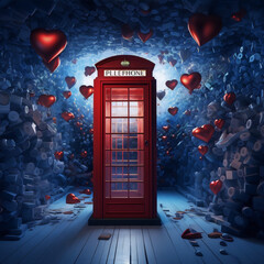 Red phone booth surrounded by hearts, a surreal scene.
