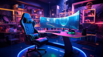 An esports video game studio with a comfortable armchair, a computer, a large monitor, and a neon-colored keyboard. An Equipped Room For A Professional Gamer, A Streamer. Esports, Cyber Sports concept