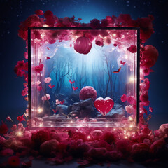 A mystical forest scene, framed by glowing flowers, filled with love and mystery.
