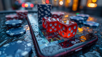 On a wet surface, red dice and poker chips rest atop an illuminated smartphone screen, under the ambient light of a city at dusk. The scene captures a blend of technology and traditional gaming elemen - obrazy, fototapety, plakaty