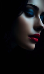 Closeup portrait of a beautiful woman with dark hair, blue eyeshadow and red lips.