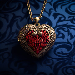 Ornate heart-shaped locket, red interior, on a chain.
