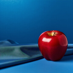 Red apple rests on a deep blue satin cloth.
