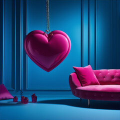 Large pink heart hangs, pink velvet couch, romantic interior.
