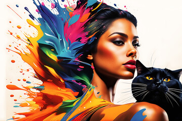 Fototapeta premium Colorful Painting of a Woman With Her Cat (PNG 10368x6912)
