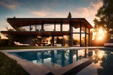 house with swimming pool in sunset