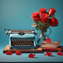 Vintage typewriter, red roses, and books; a still life of romance and writing.
