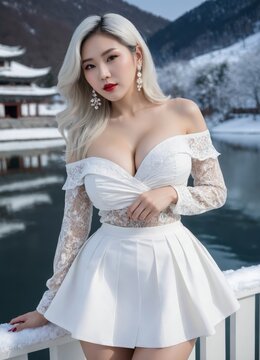 a korean woman in a short white dress posing for a picture in the snow by a lake 