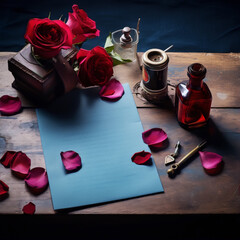 Obraz na płótnie Canvas Still life of red roses, a quill pen, and an inkwell on a wooden table with scattered rose petals.