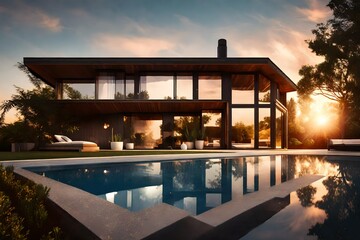 house with swimming pool in sunset