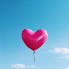Pink heart-shaped balloon floats in a clear blue sky.
