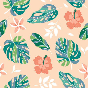 Seamless pattern with tropical flowers and leaves. Vector graphics.