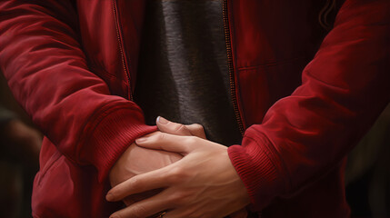 A woman wearing a red jacket with her hands clasped in front of her.