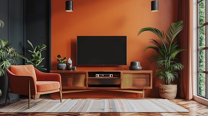 Conceptualize a cohesive interior design scheme that combines a bold wall color with a sleek TV cabinet and tasteful decorative accents  attractive look - obrazy, fototapety, plakaty