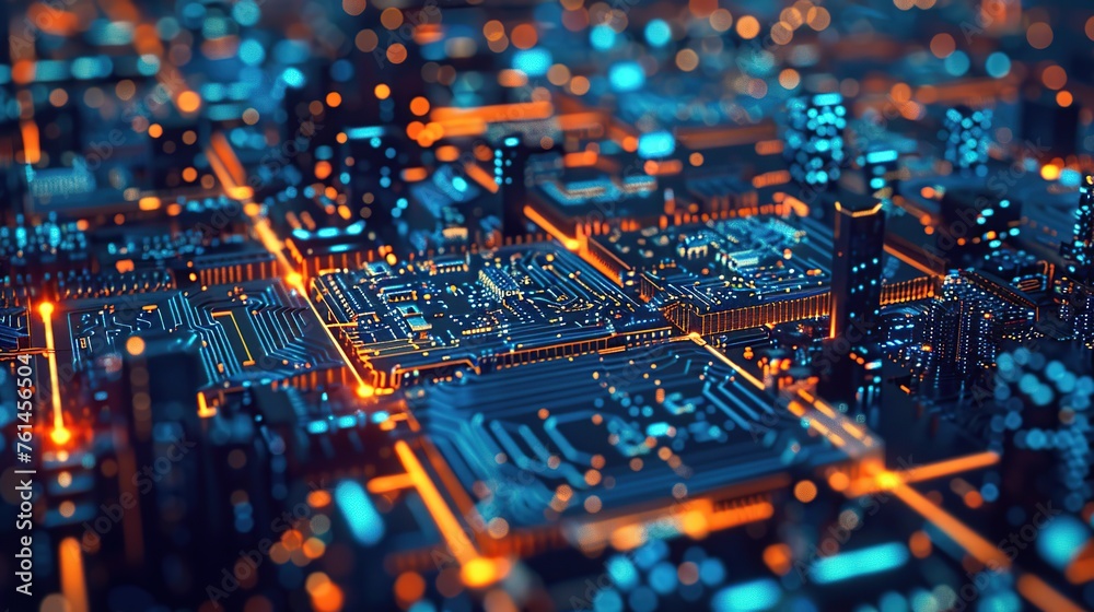 Poster close-up view of a microchip circuit in blue and orange tones, exemplifying modern electronics and d