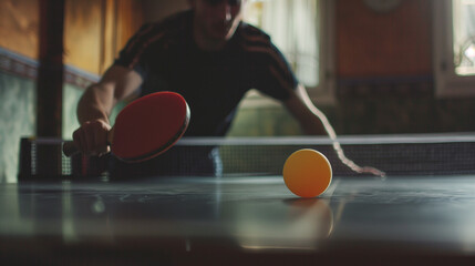 Table tennis player in action, close-up photo. Horizontal banner for ping pong. Photo of a table tennis player for tennis racket packaging design. Image for a box of tennis balls template.