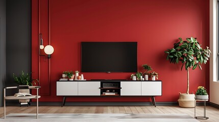 Conceptualize a cohesive interior design scheme that combines a bold wall color with a sleek TV cabinet and tasteful decorative accents  attractive look - obrazy, fototapety, plakaty