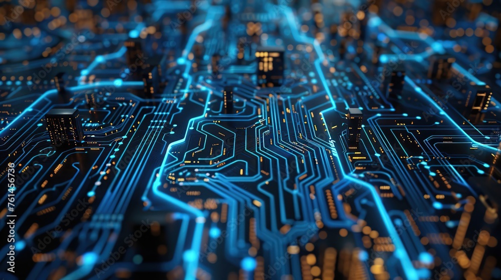 Poster Intricate circuit board patterns in blue, representing complex electronic pathways and data networks, suitable for concepts of computing and modern technology, designed