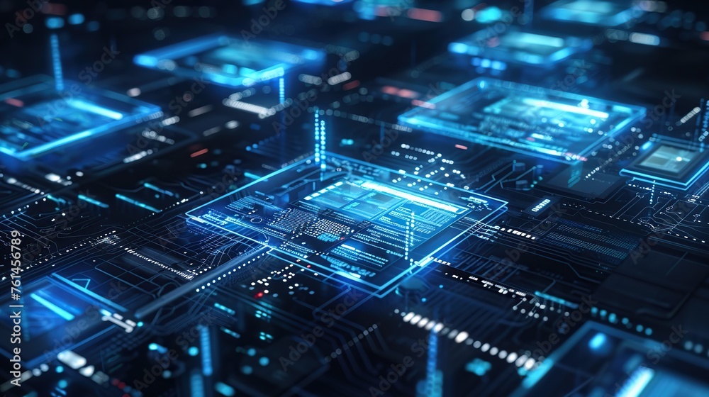 Poster a visual representation of a microprocessor's intricate pathways, shining in neon blue, symbolizes c