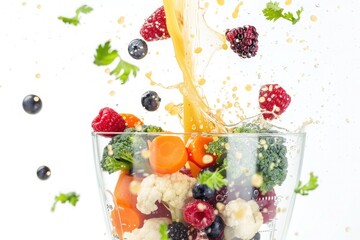 Healthy detox fruits and vegetables being poured into a glass. Organic broccoli, carrots, apple slices, raspberries, blueberries, bananas, kiwi, orange and cucumber.