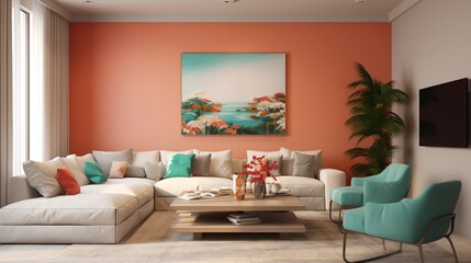 Taupe Walls with Coral and Turquoise Furnishings in the TV Lounge.
