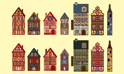 Cute medieval German style buildings. Vector, with plain colour background.