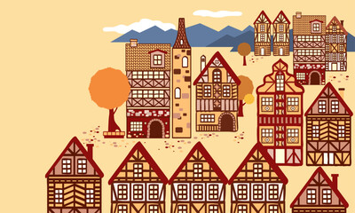 Cute medieval German style buildings. Vector, with autumn feel background.