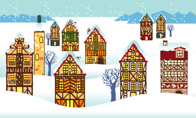 Cute medieval German style buildings. Vector, with winter feel background.